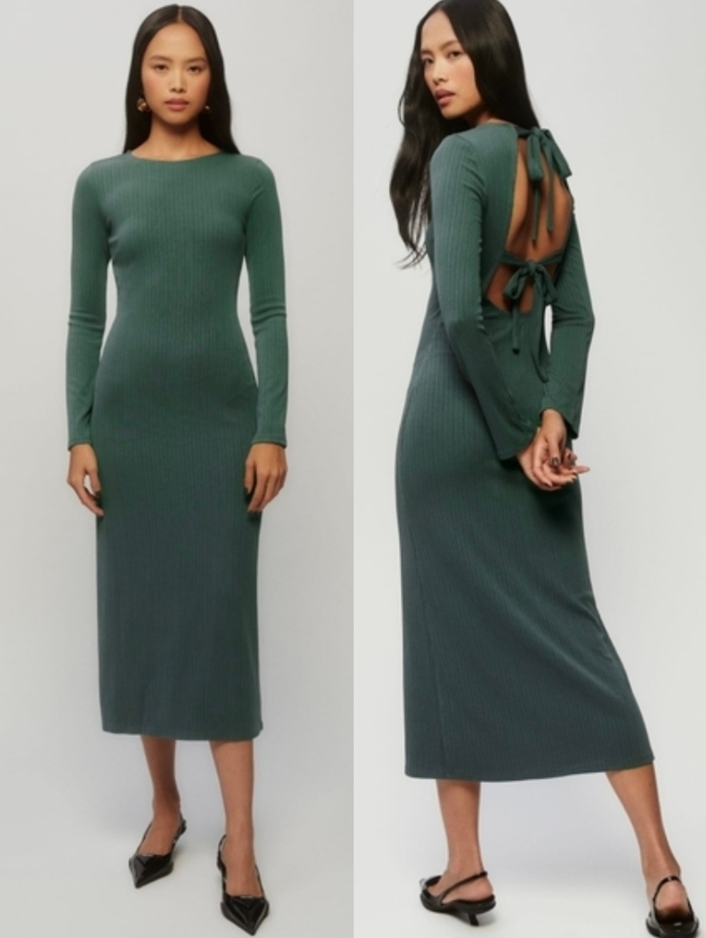 Reformatiom Green Ribbed Benedict Long Sleeve Bow Midi Dress